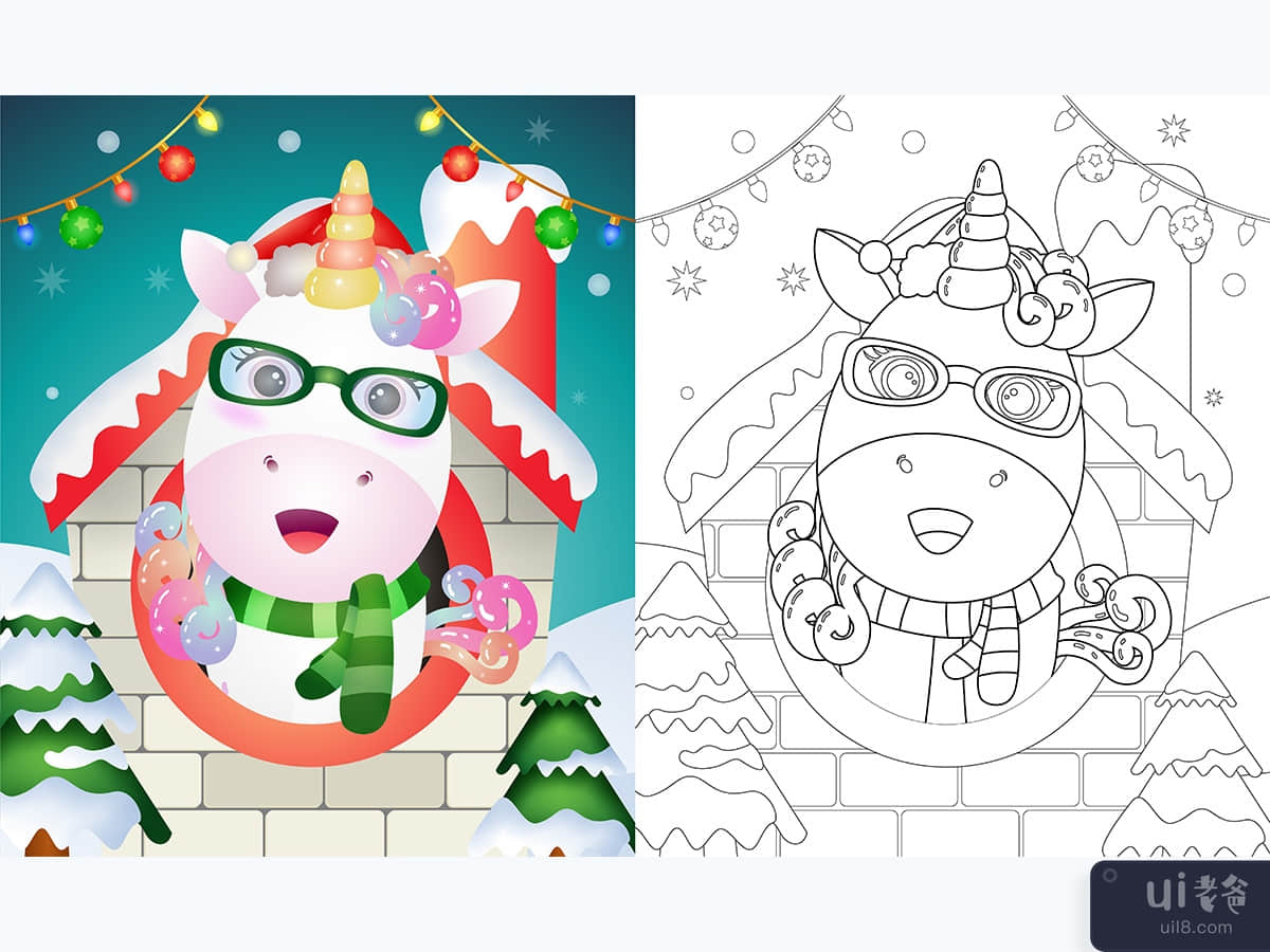 coloring book with a cute unicorn christmas characters 