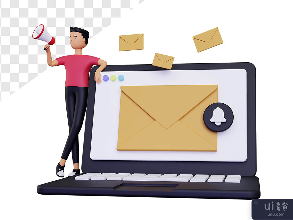 3d email campaign with male character holding loudspeaker