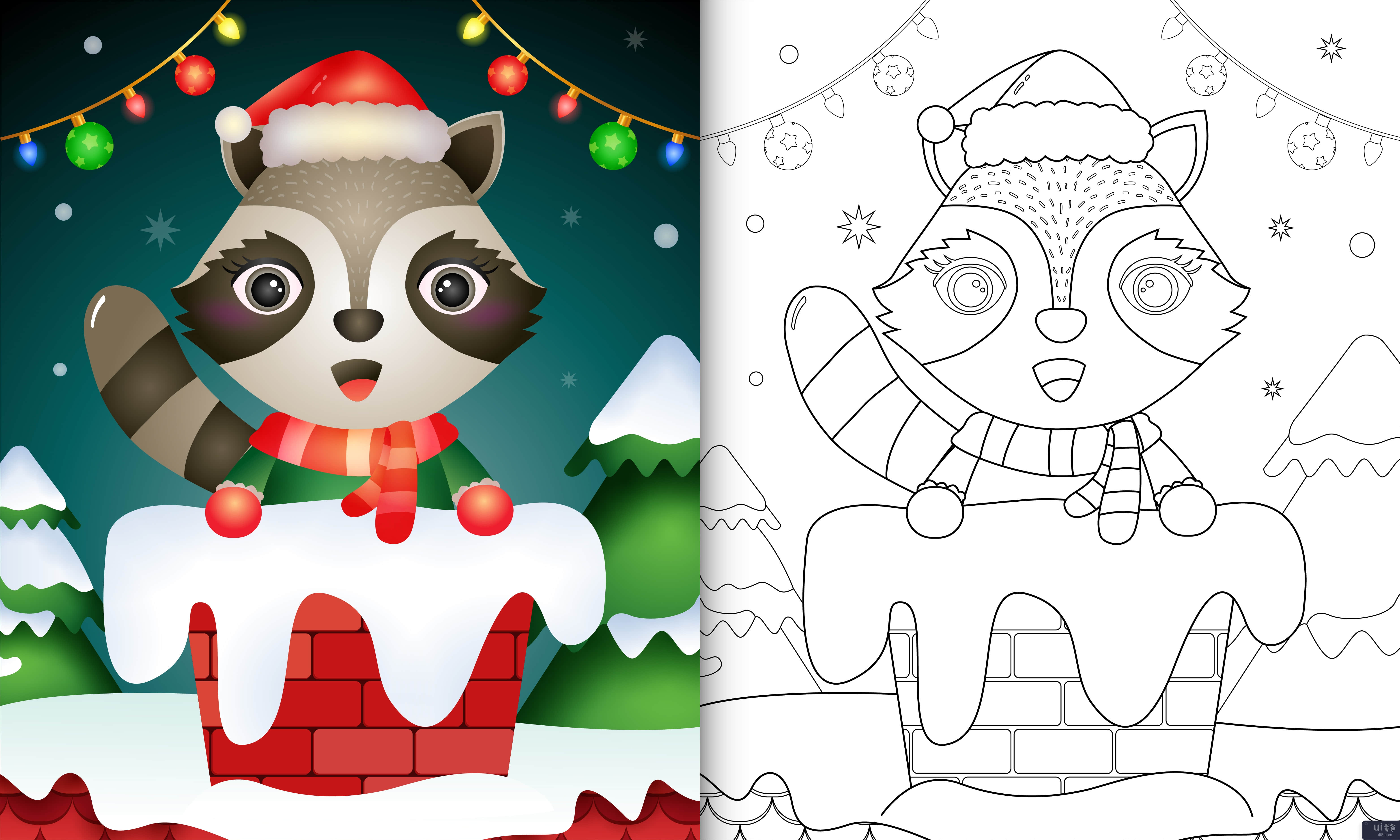 为在烟囱里有一只可爱浣熊的孩子着色(coloring for kids with a cute raccoon in chimney)插图2