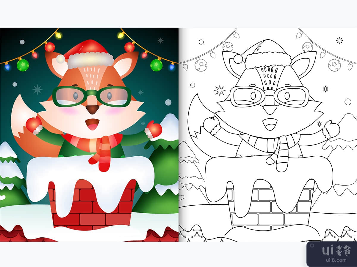 coloring for kids with a cute fox using santa hat and scarf in chimney