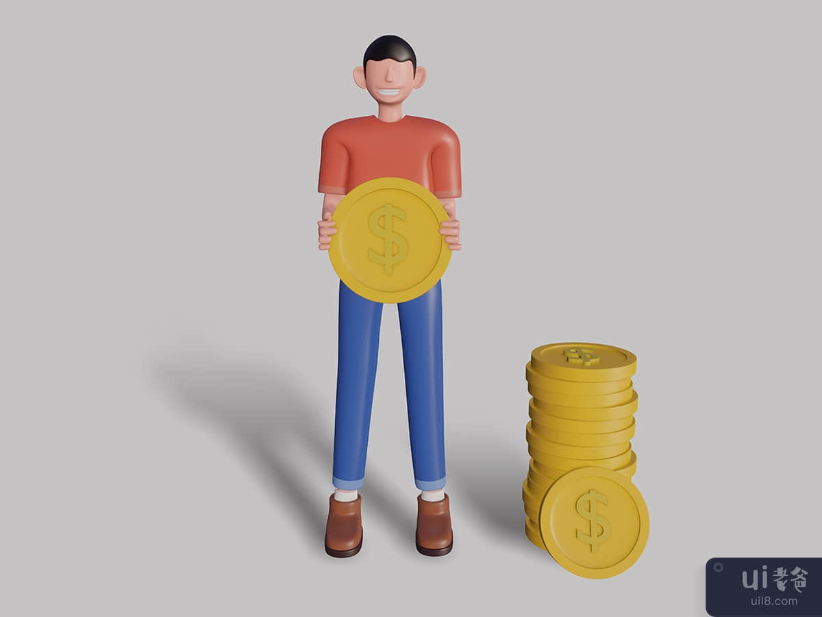 3d male character holding a coin. Premium Psd