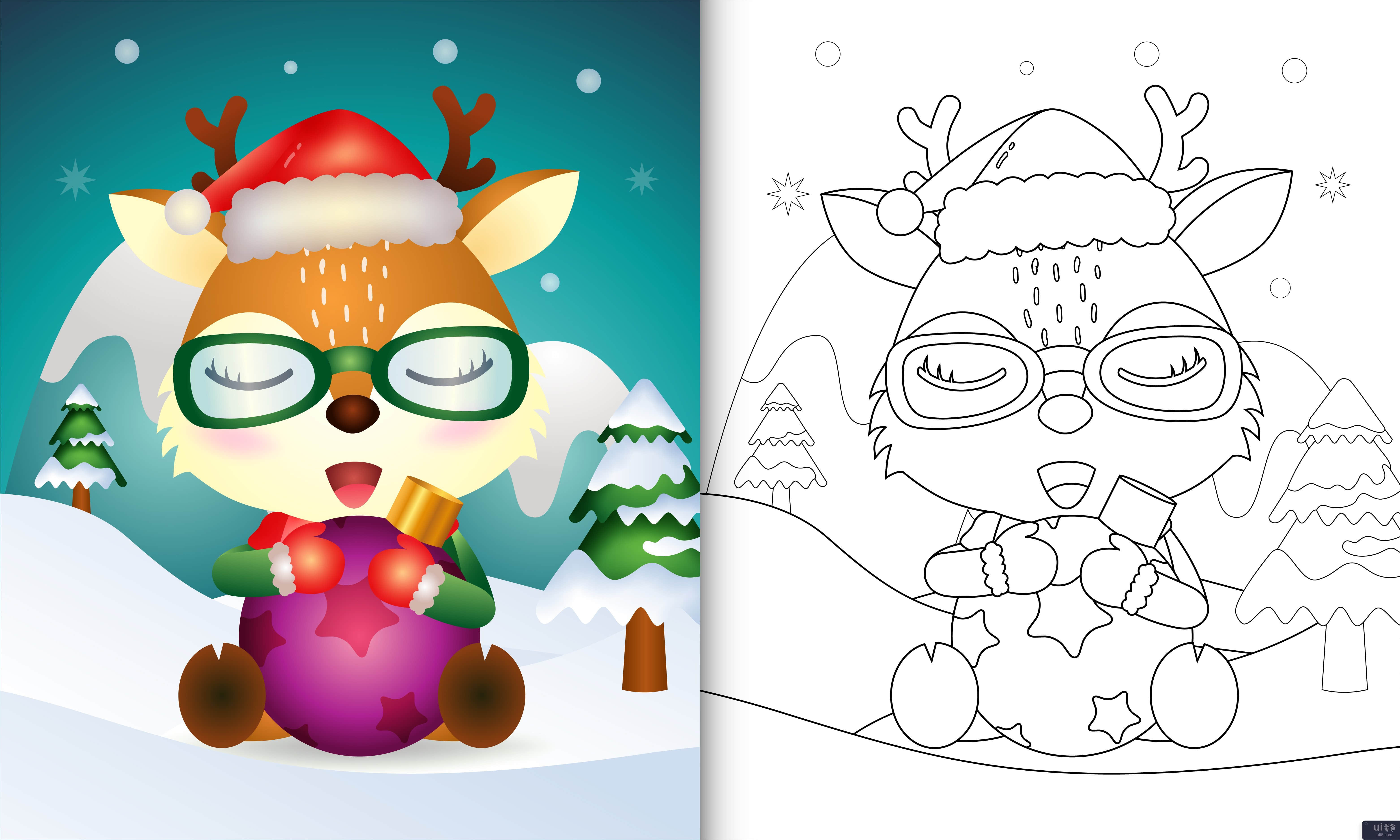 着色书与可爱的鹿拥抱圣诞球(coloring book with a cute deer hug christmas ball)插图2