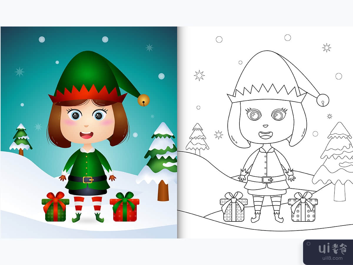 涂色书，上面有一个可爱的小精灵圣诞角色，还有一袋礼物(coloring book with a cute girl elf christmas characters with a sack of gifts)插图2