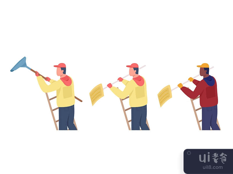 Cleaner on ladder semi flat color vector characters set