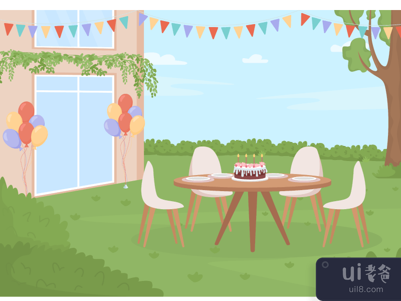 Backyard birthday party flat color vector illustration