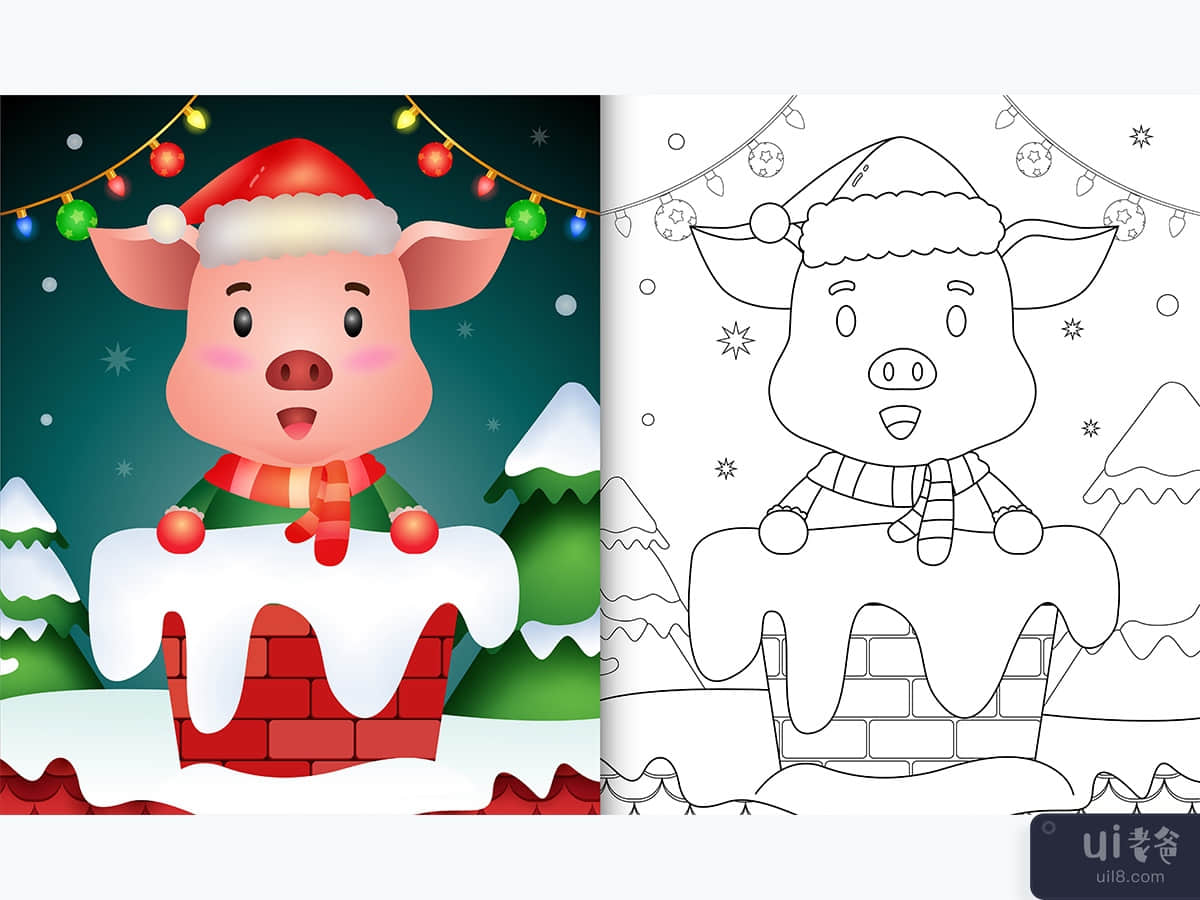 coloring for kids with a cute pig using santa hat and scarf in chimney