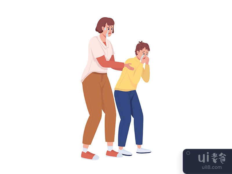 Crying mother embracing son shoulders semi flat color vector characters