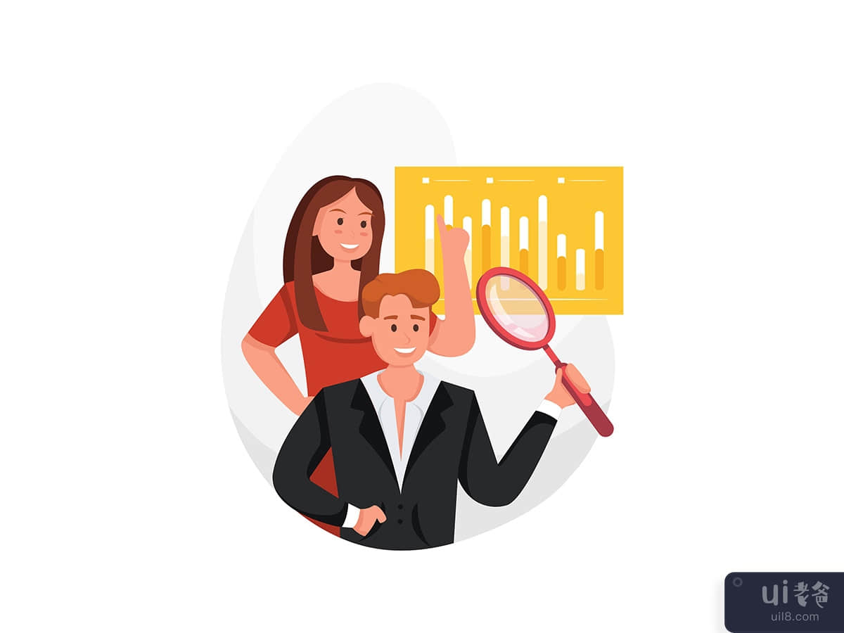 Business woman and man measure datas, indicators 
