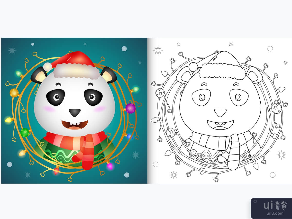 coloring book with a cute panda with twigs decoration christmas