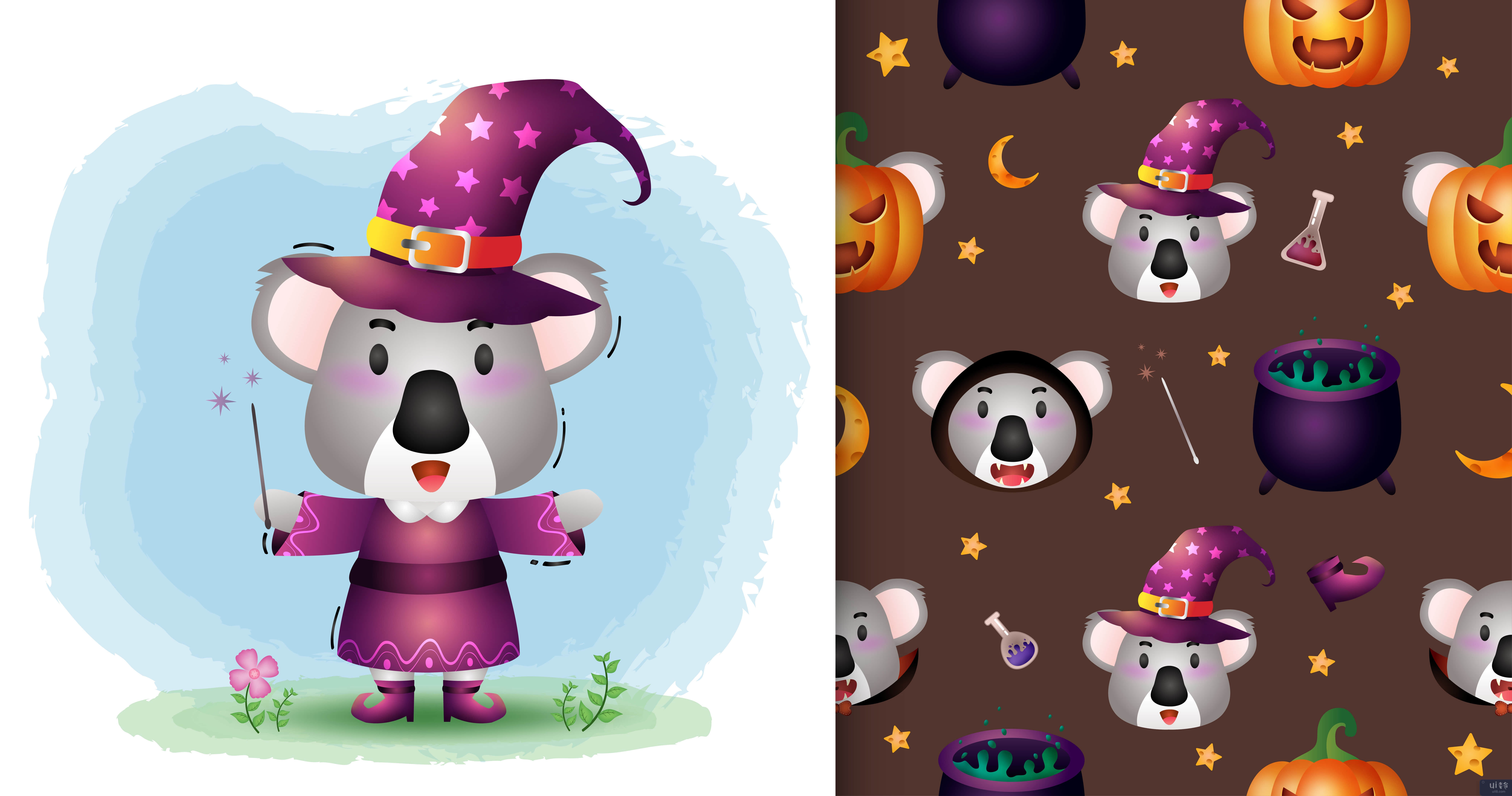 一只可爱的考拉，穿着万圣节服装无缝图案(a cute koala with costume halloween character seamless pattern)插图2