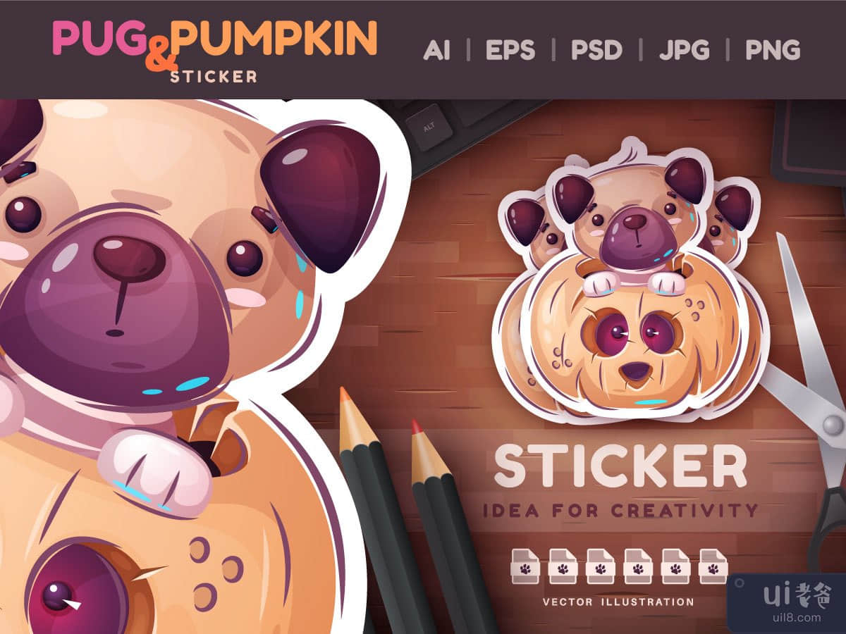Childish Cartoon Character Pug And Pumpkin | Cute Animal Illustration PNG