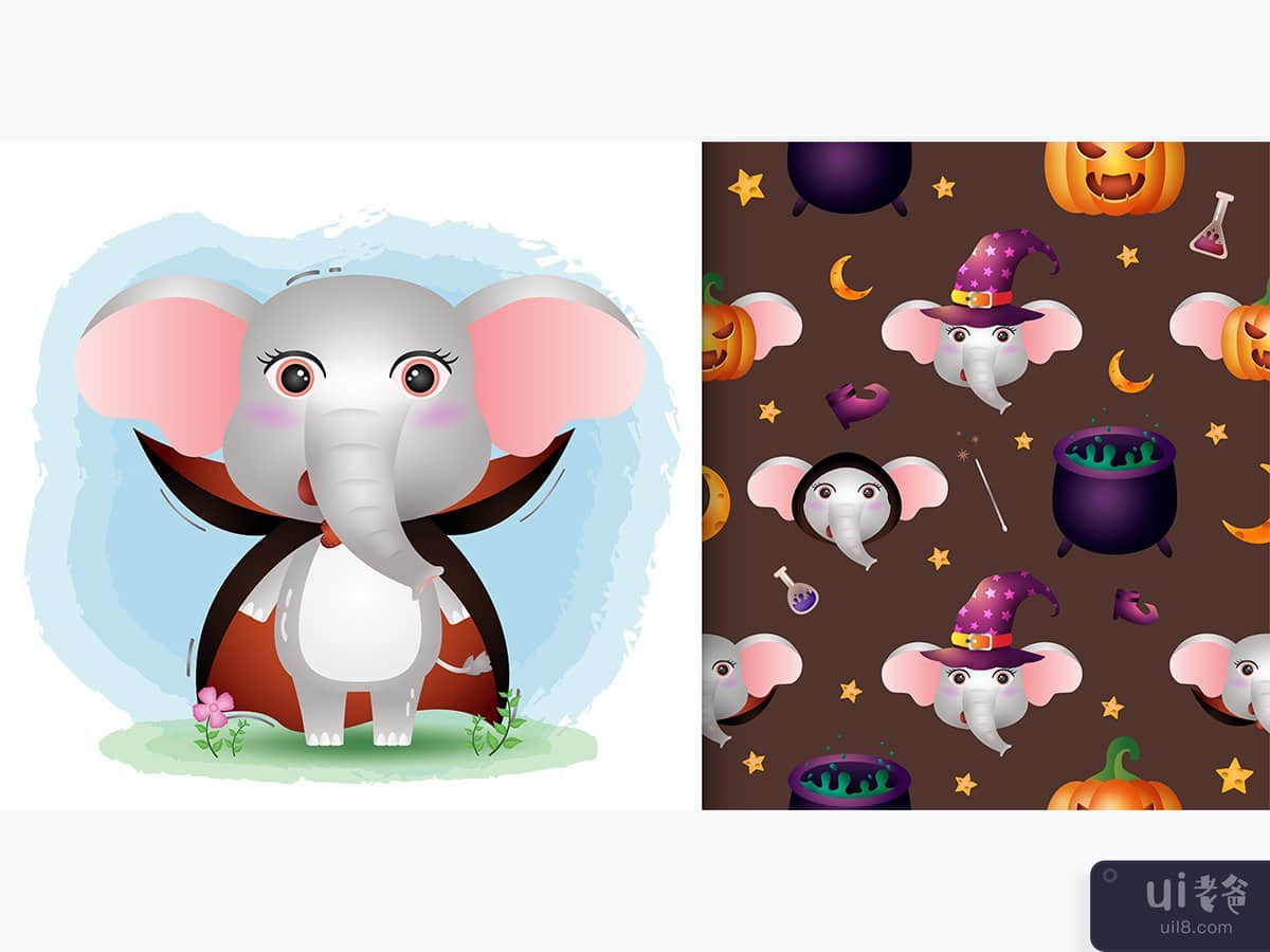 a cute elephant with dracula costume halloween character seamless pattern