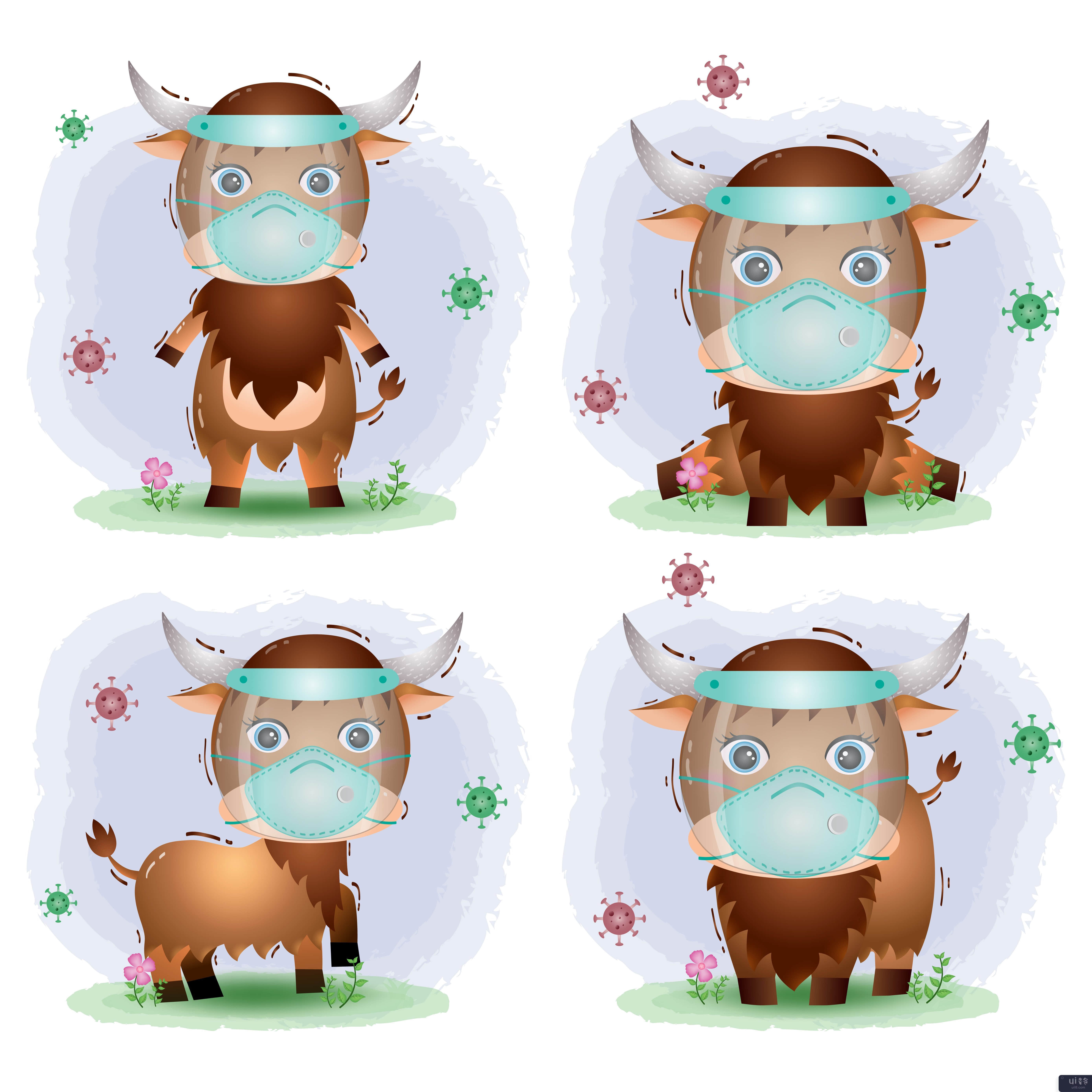 使用面罩和面具系列的可爱水牛(cute buffalo using face shield and mask collection)插图2