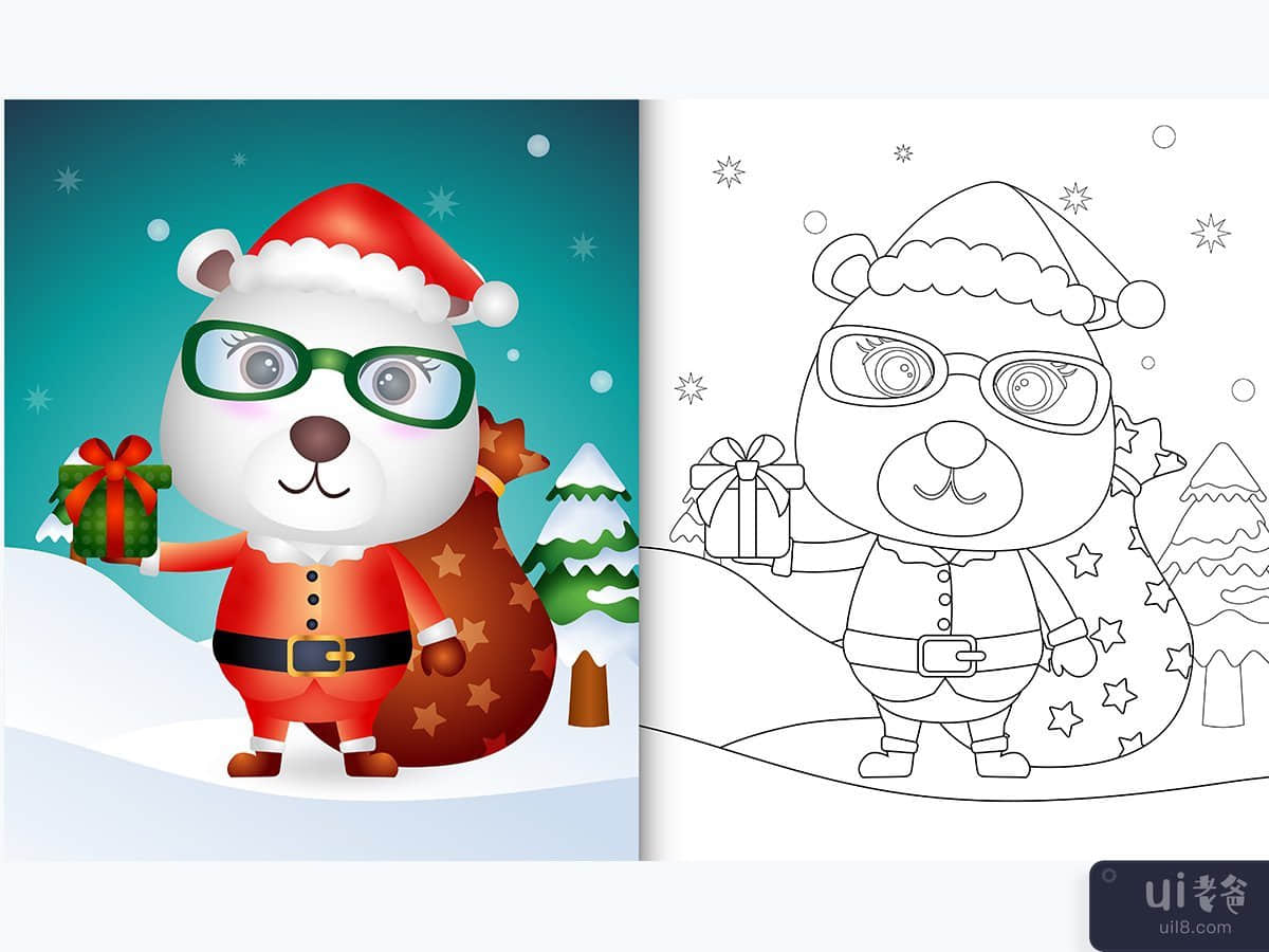 coloring book with a cute polar bear using santa clause costume