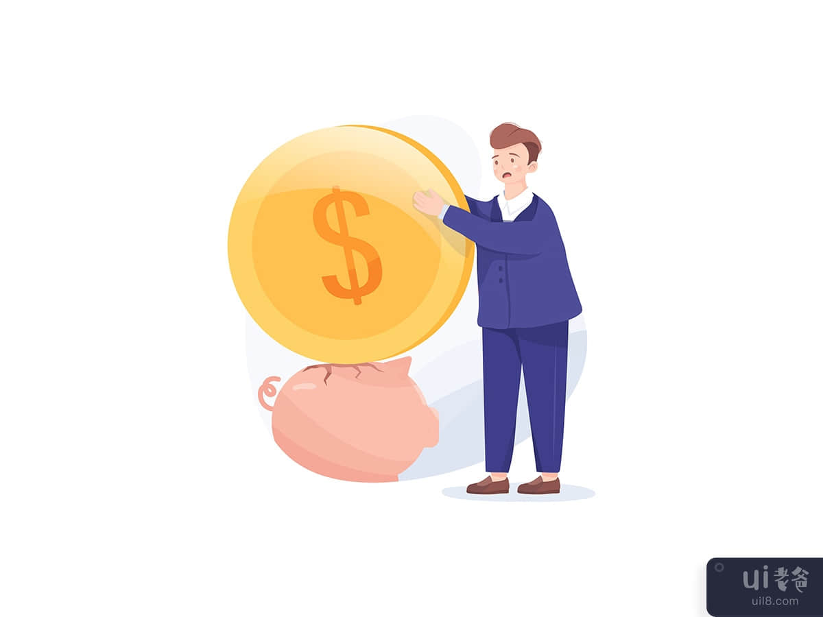 Businessman try to put a large coin into a piggy bank