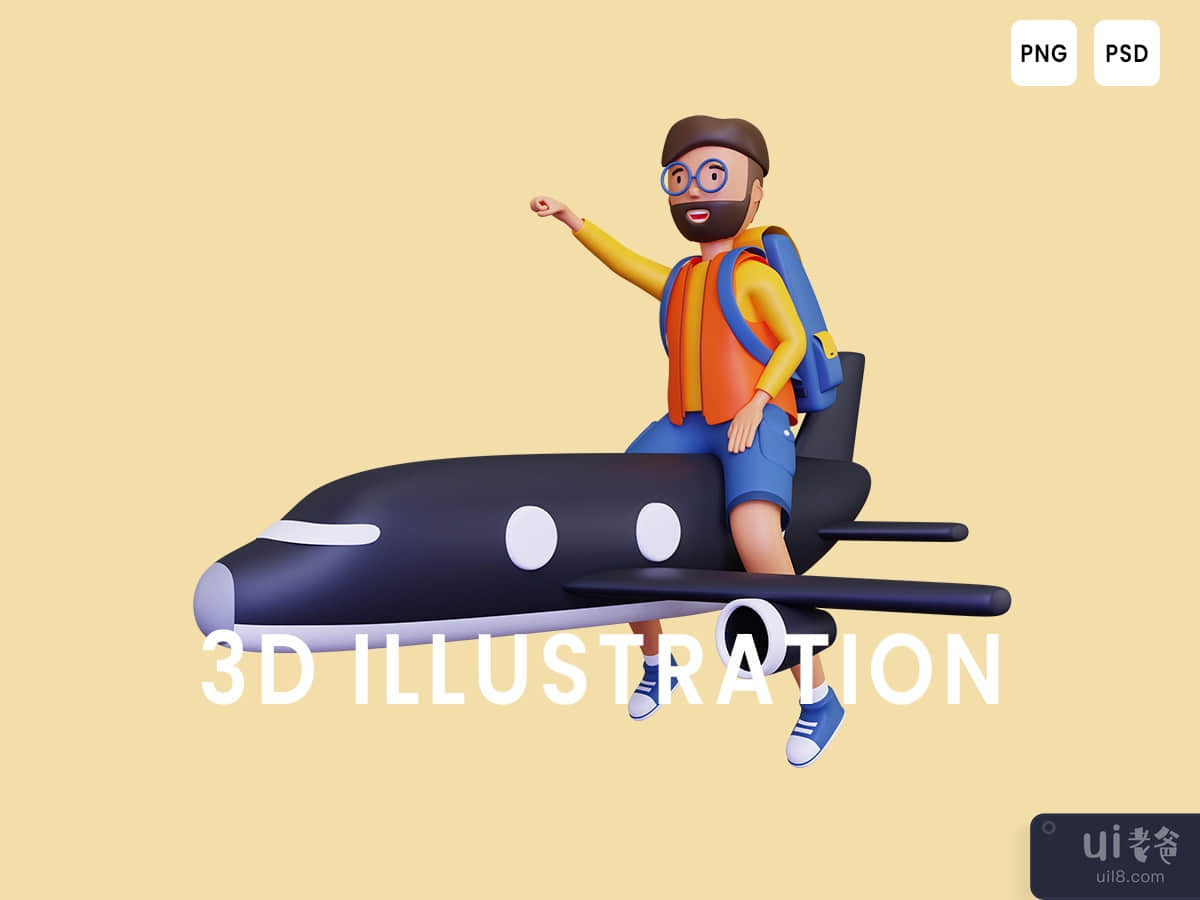 3d Backpacker travelling in plane