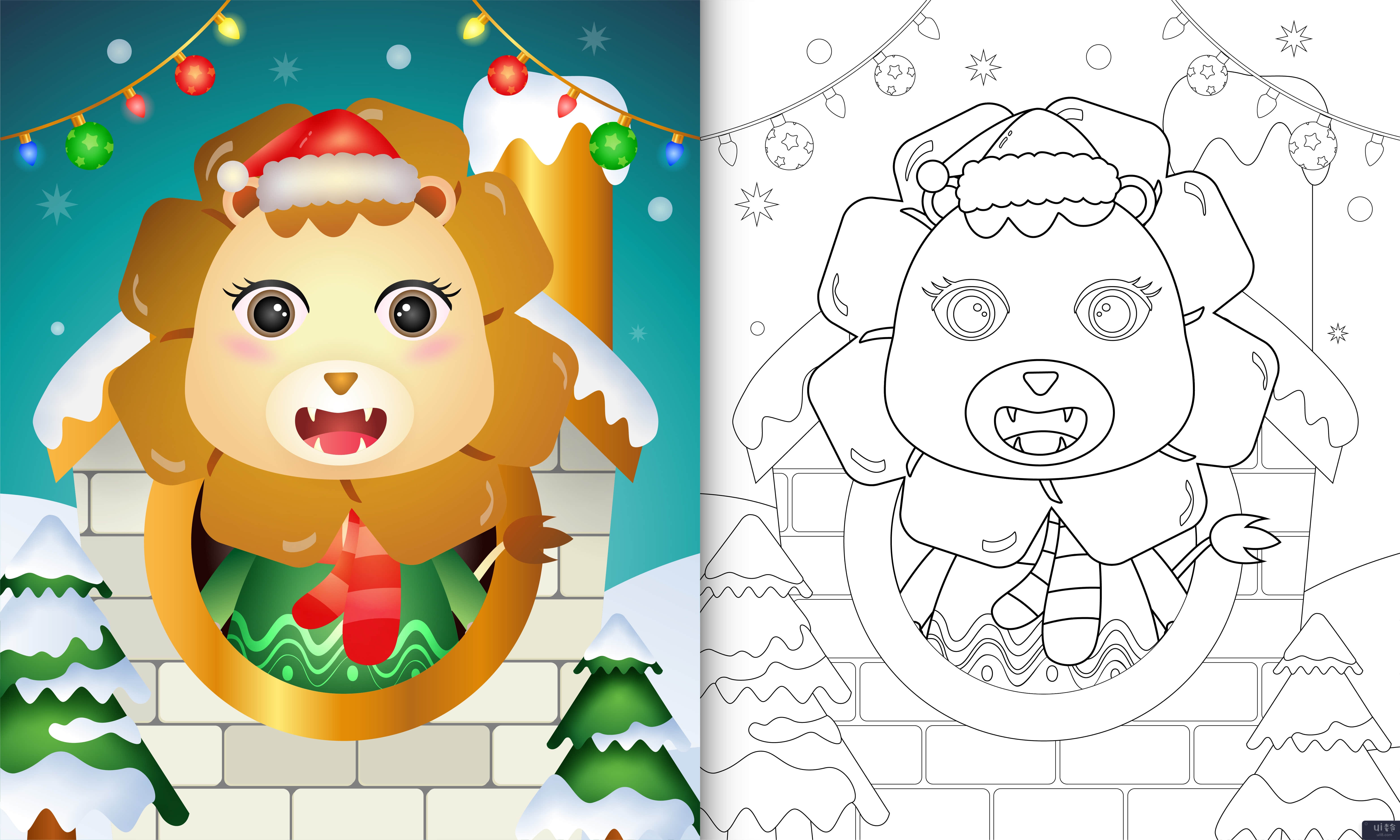 用圣诞帽和围巾为可爱的狮子圣诞人物着色书(coloring book with a cute lion christmas characters using santa hat and scarf)插图2