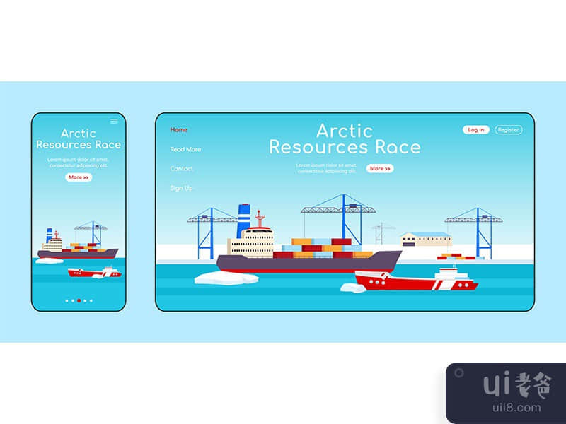 Arctic resources race adaptive landing page flat color vector template