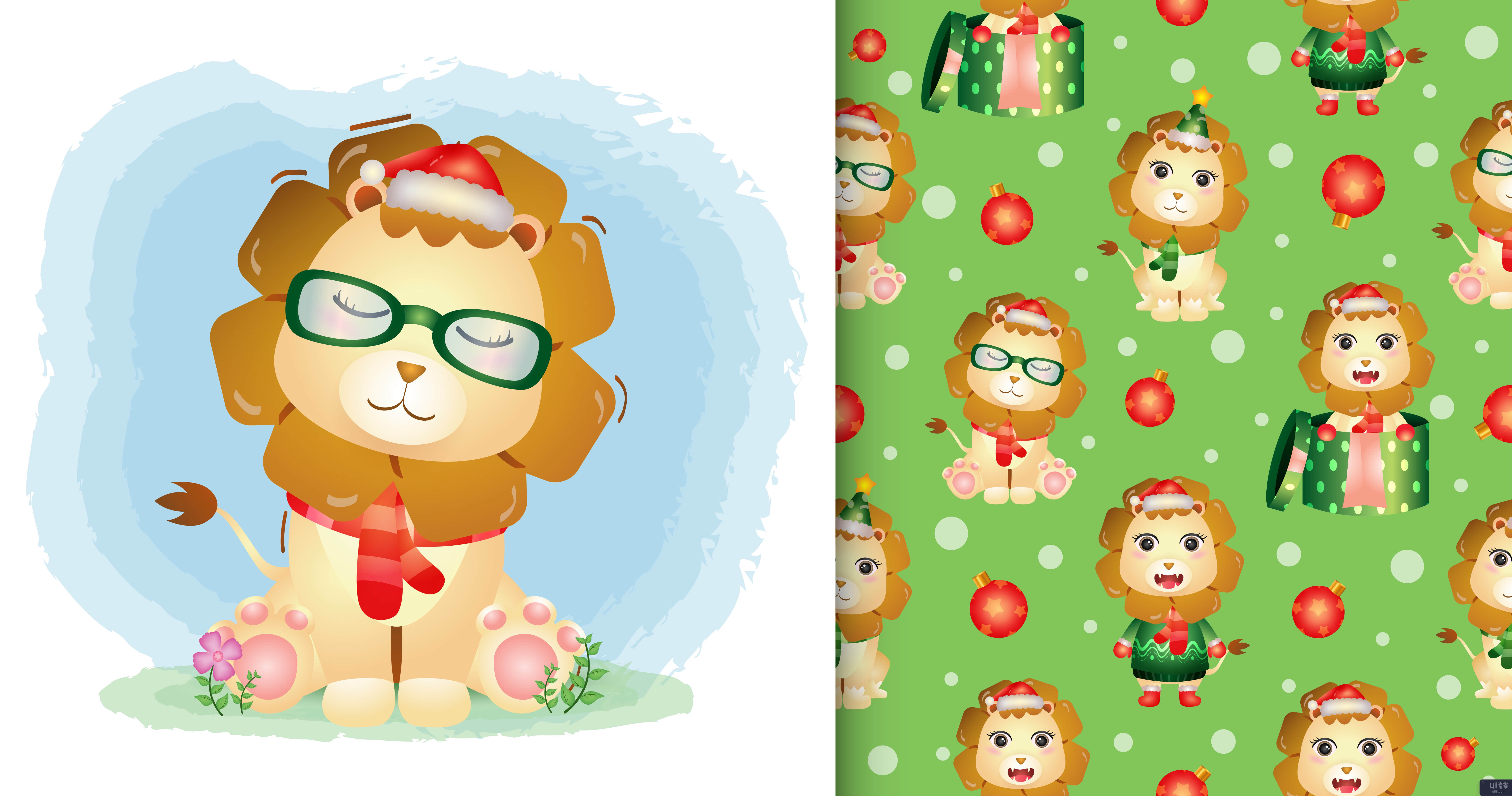 可爱的狮子圣诞人物系列，无缝图案(a cute lion christmas characters collection, seamless pattern)插图2