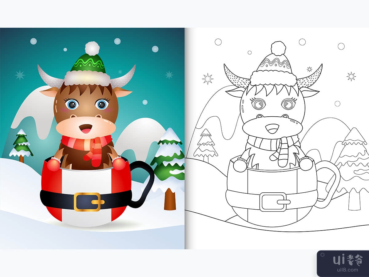 coloring book with a cute buffalo christmas characters  in the santa cup