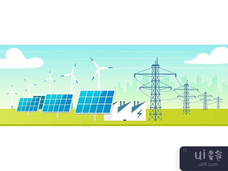 Alternative power station flat color vector illustration