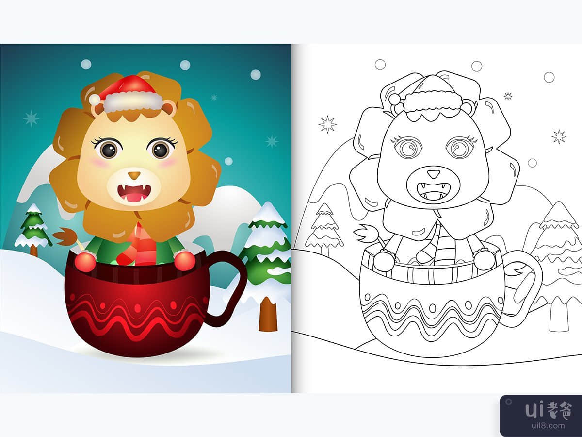 着色书，杯子里有可爱的狮子圣诞人物(coloring book with a cute lion christmas characters  in the cup)插图2