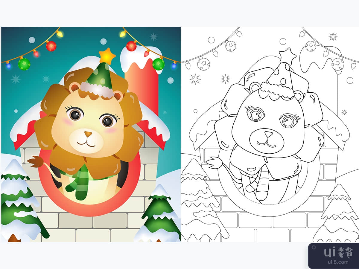 coloring book with a cute lion christmas characters 