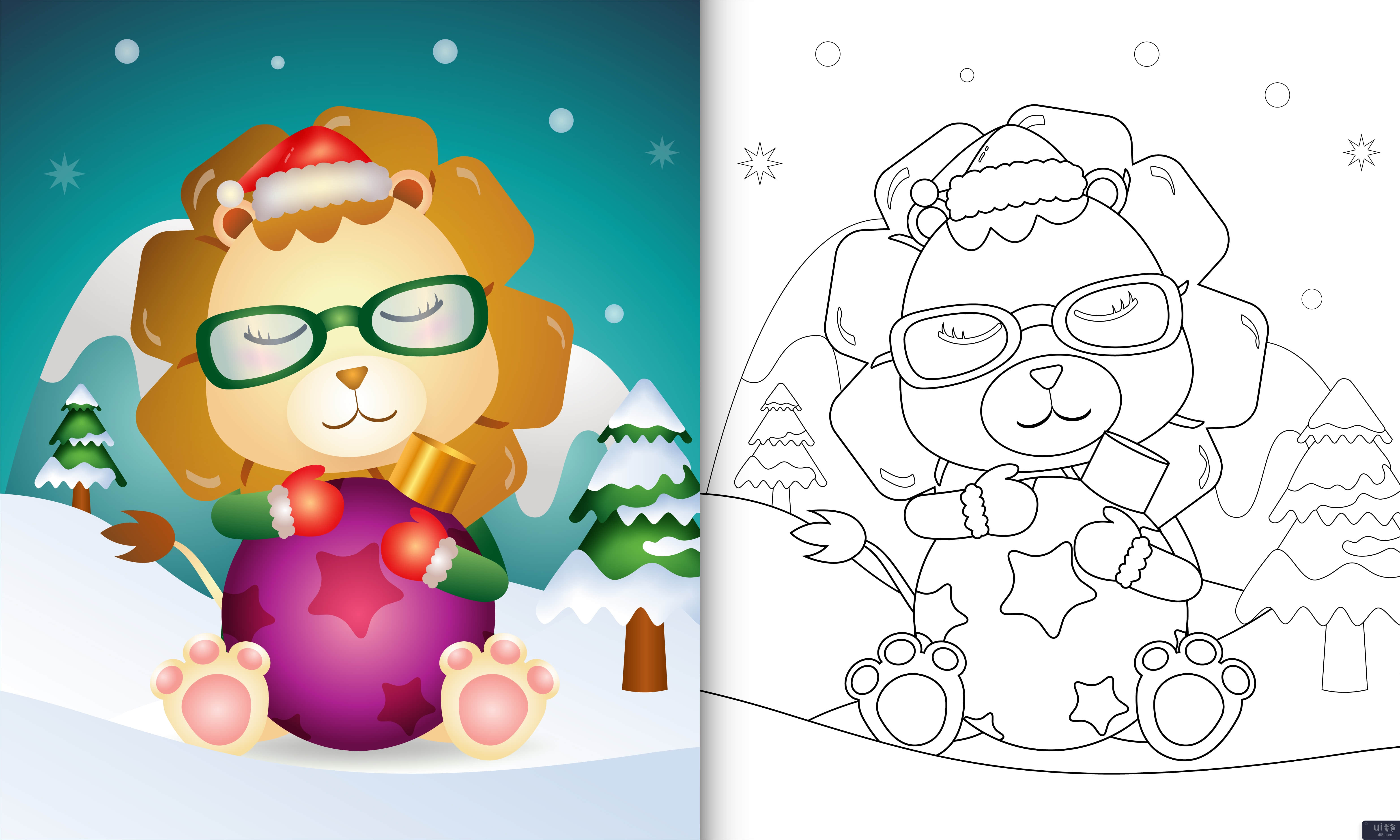用可爱的狮子拥抱圣诞球的图画书(coloring book with a cute lion hug christmas ball)插图2