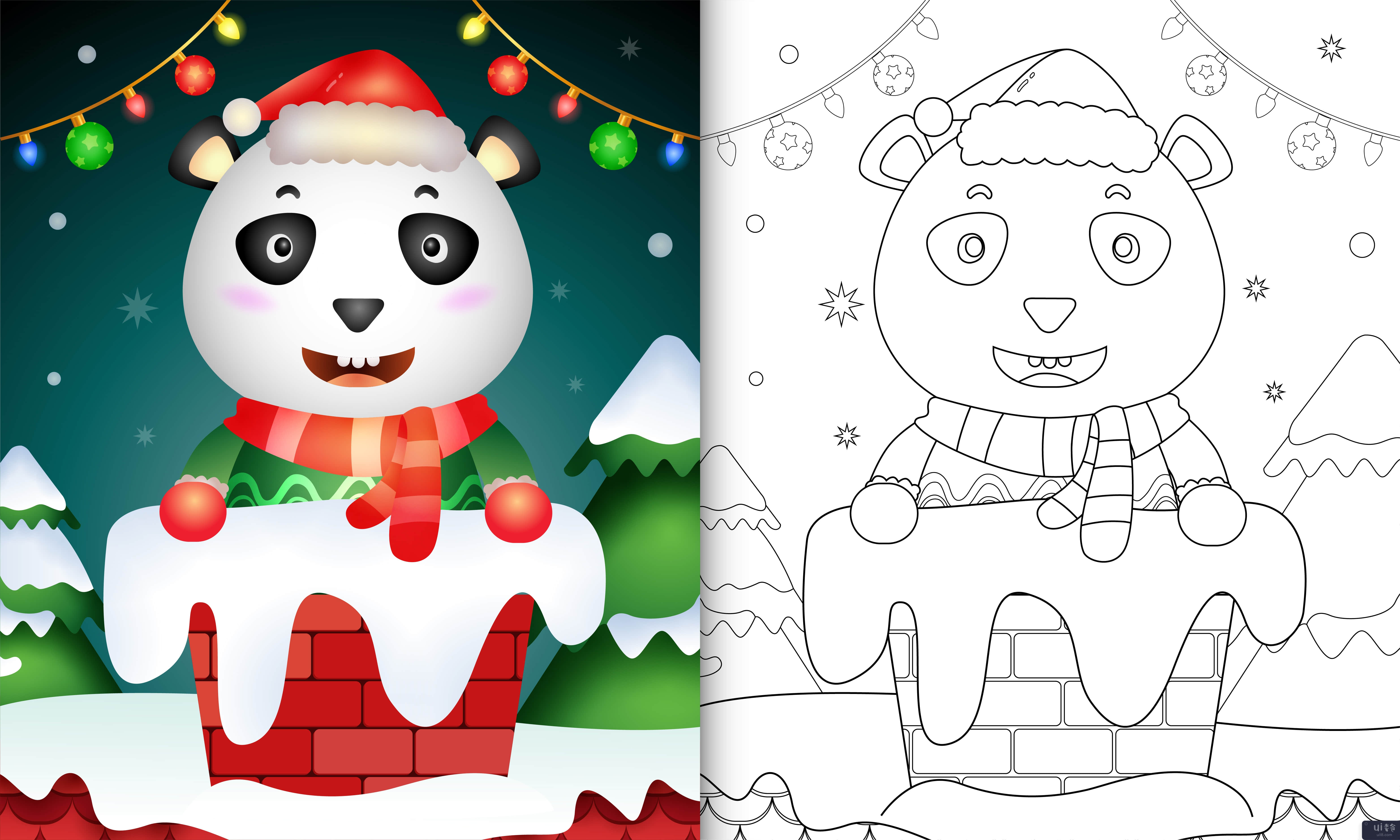 用圣诞老人的帽子和围巾在烟囱里为可爱的熊猫着色(coloring for kids with a cute panda using santa hat and scarf in chimney)插图2