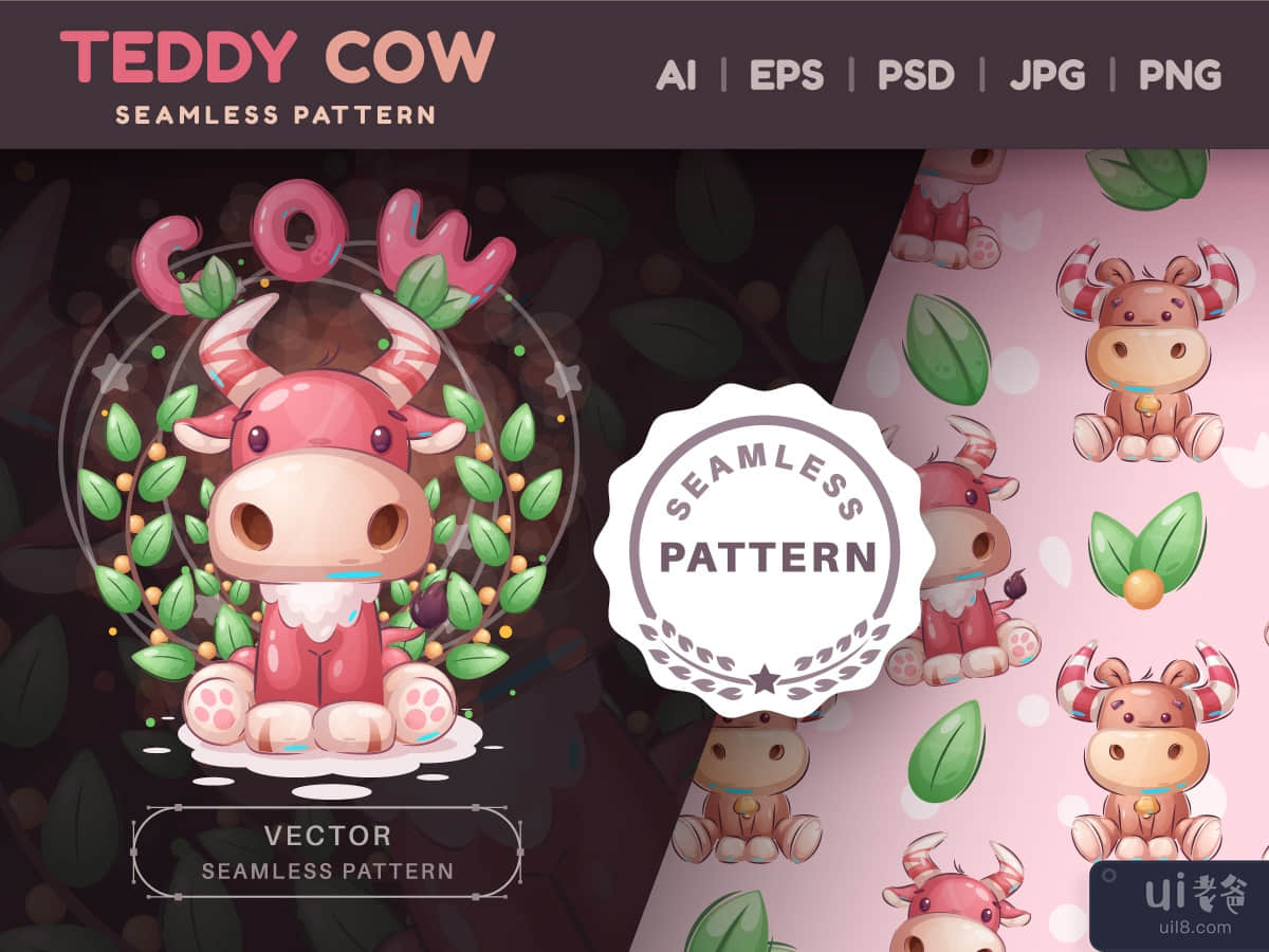 Cartoon Character Teddy Cow - Seamless Pattern