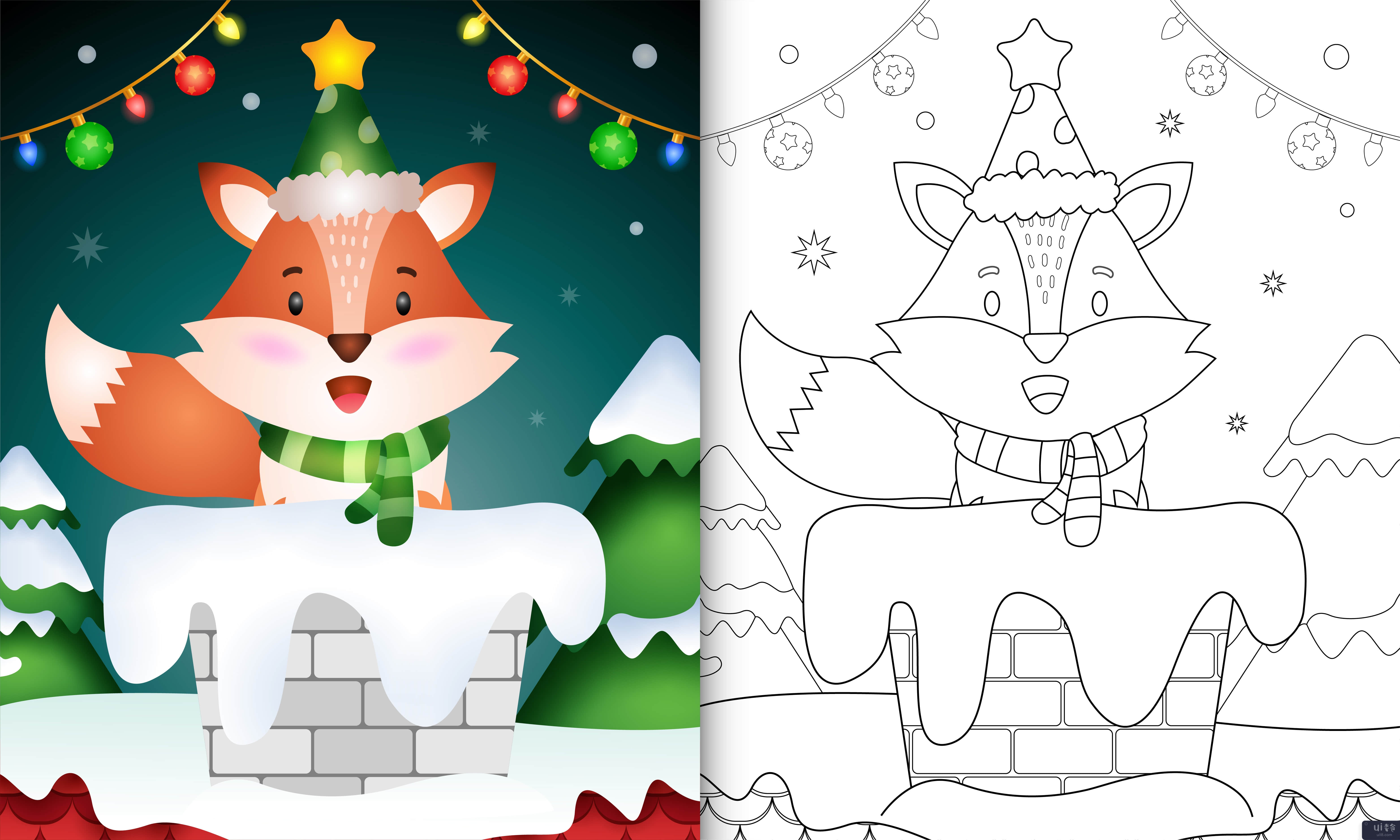 用帽子和围巾在烟囱里为可爱的狐狸孩子着色书(coloring book for kids with a cute fox using hat and scarf in chimney)插图2