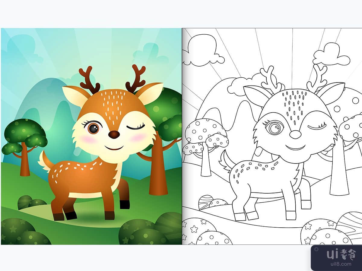 coloring book with a cute deer christmas characters