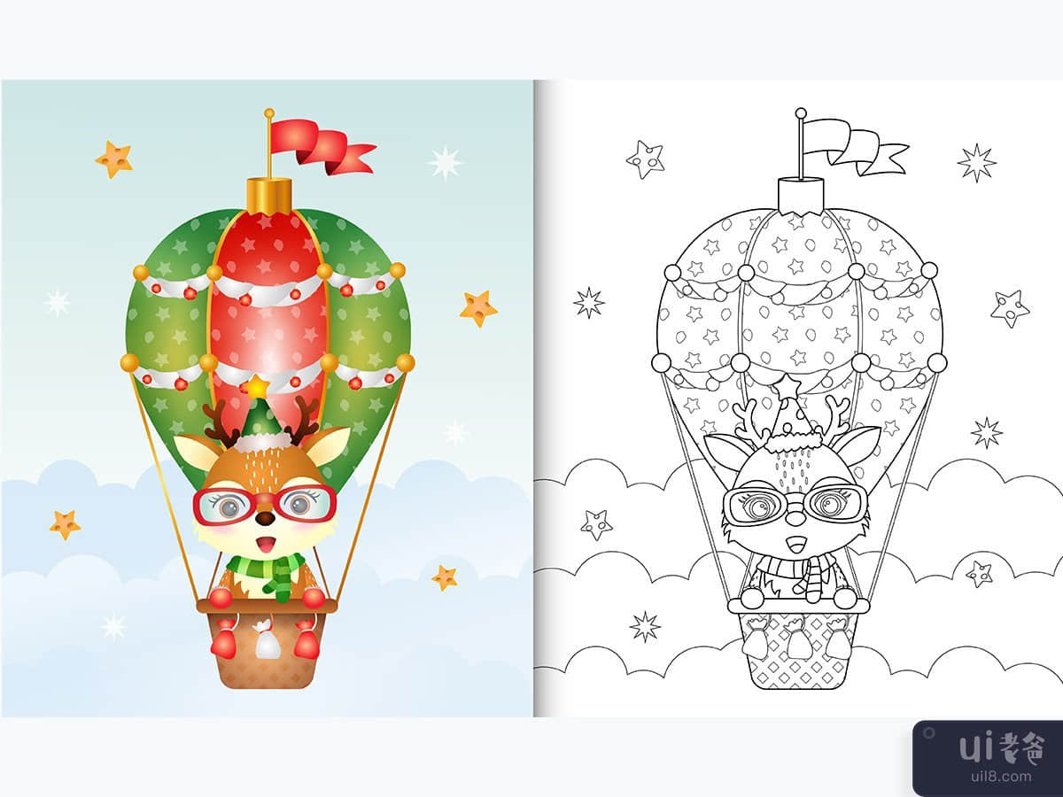 coloring book with a cute deer christmas characters on hot air balloon