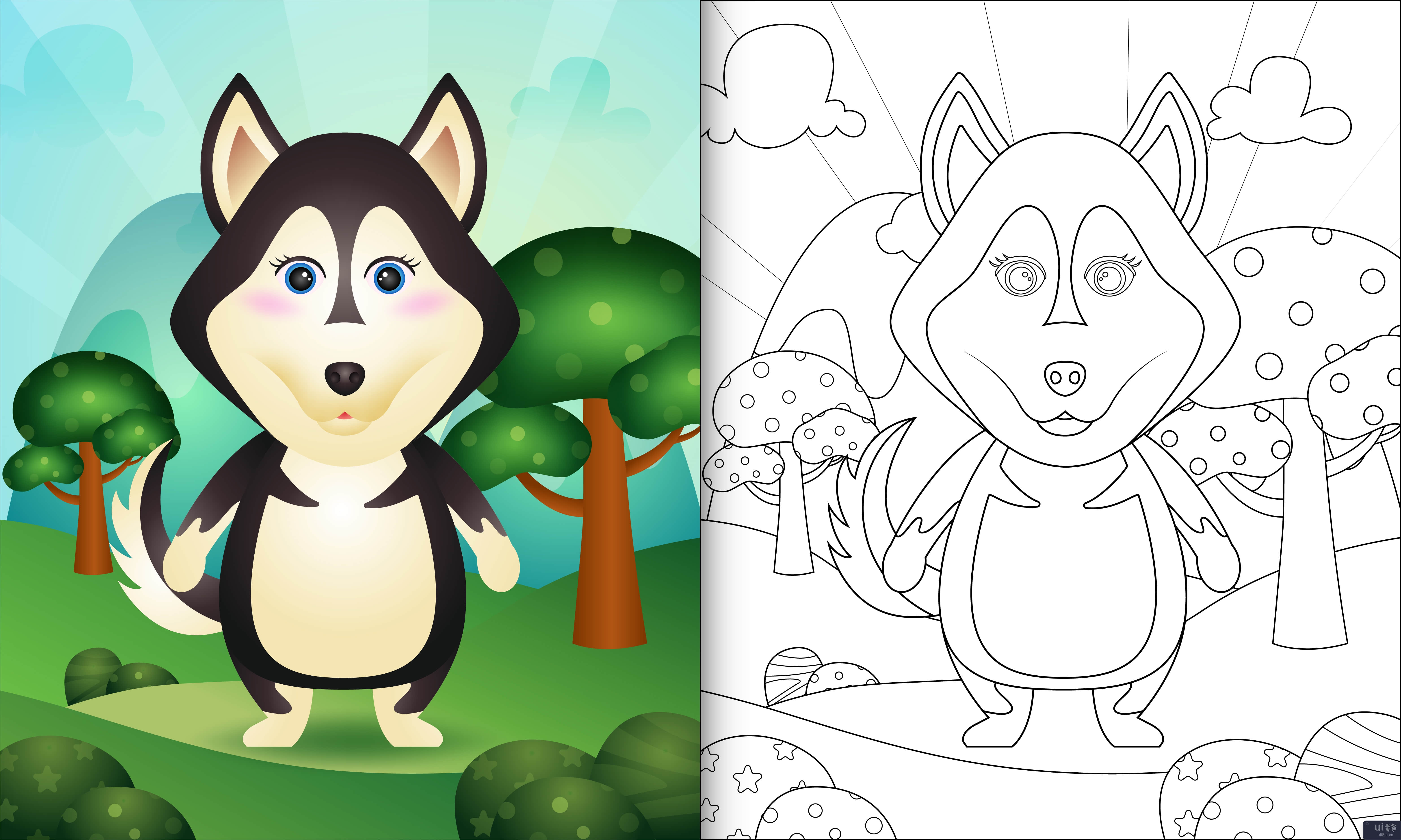 带有可爱哈士奇狗角色插图的儿童着色书(coloring book for kids with a cute husky dog character illustration)插图2