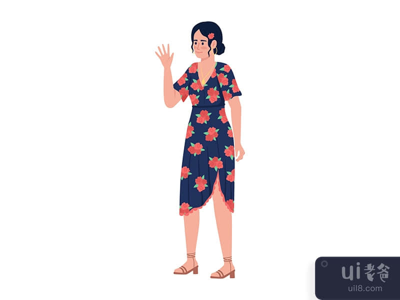 Beautiful woman waving hand semi flat color vector character