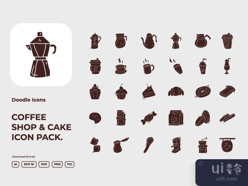 30 Coffee shop and cake concept doodle illustration icon set