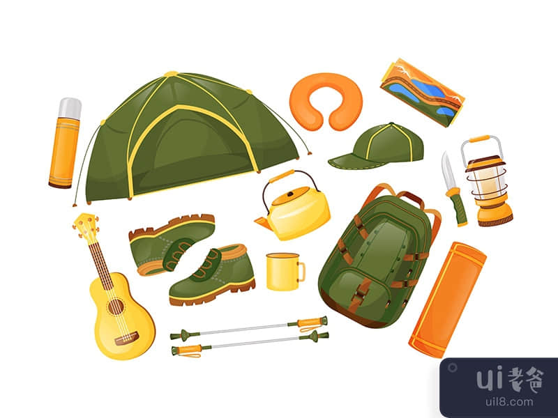 Camping gear flat color vector objects set