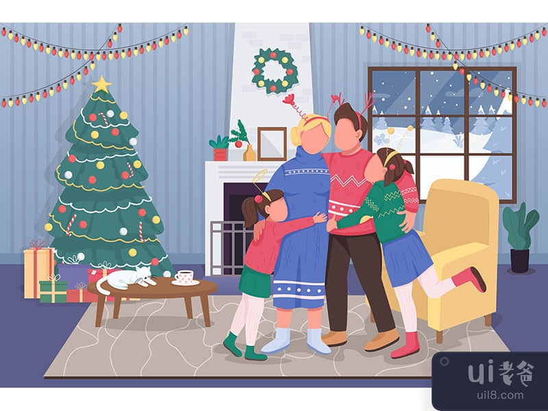 Christmas with family flat color vector illustration
