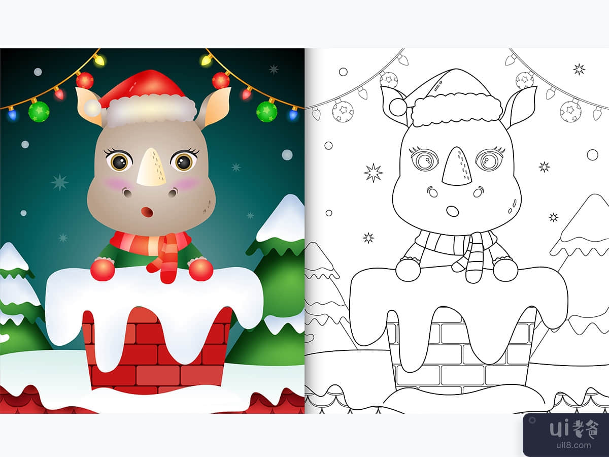 coloring for kids with a cute rhino using santa hat and scarf in chimney