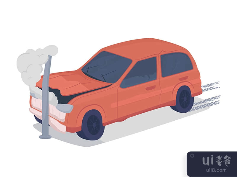 Car frontal collision against pole semi flat color vector object