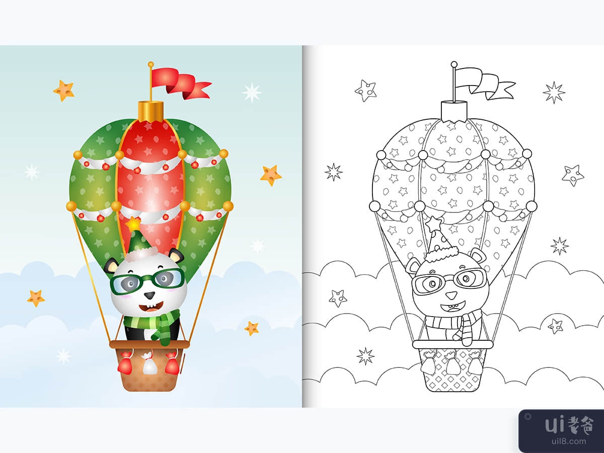 coloring book with a cute panda christmas characters on hot air balloon 