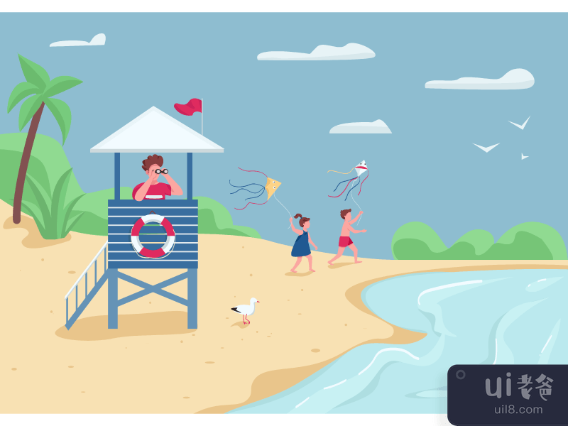 Beach safety and active leisure flat color vector illustration
