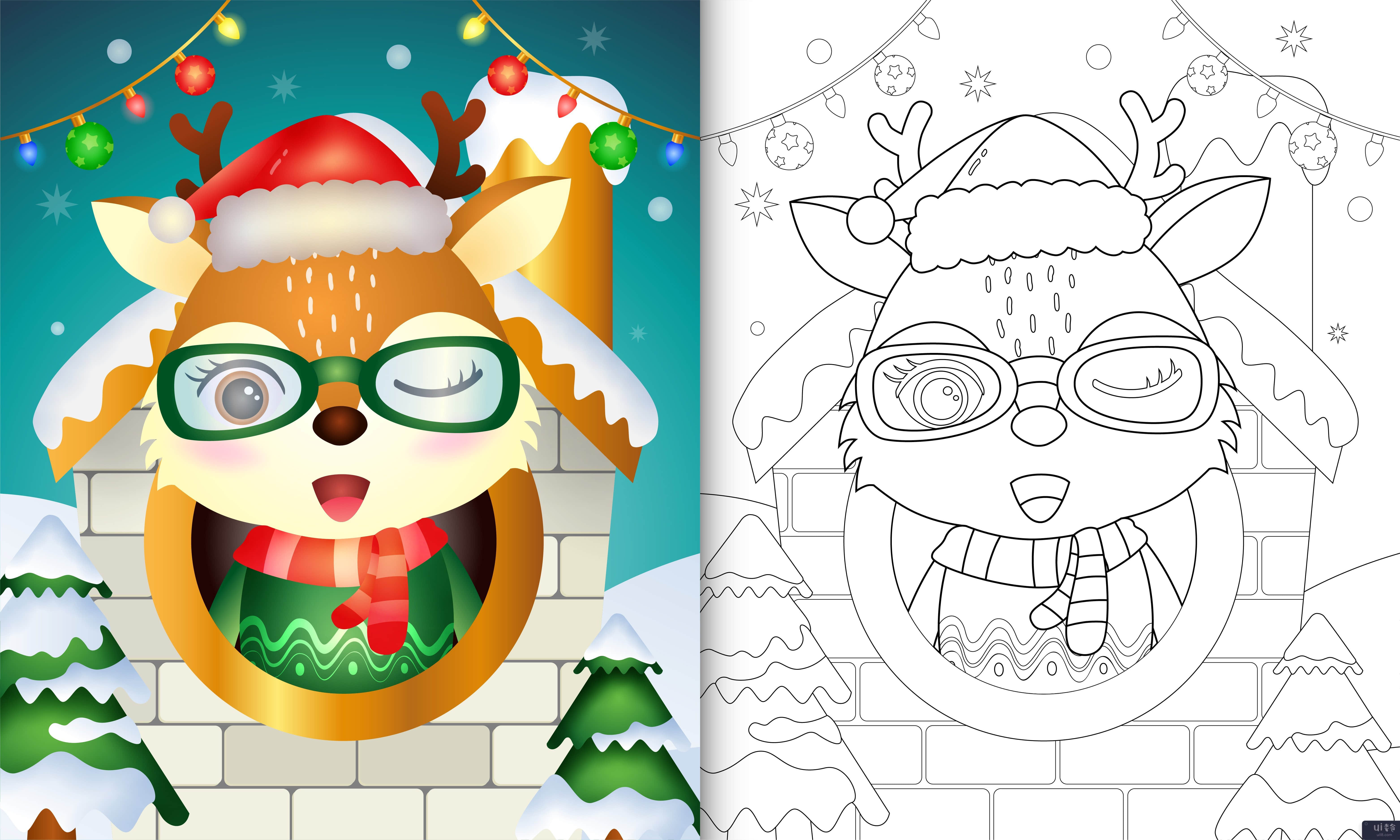 用可爱的鹿圣诞人物着色书(coloring book with a cute deer christmas characters)插图2