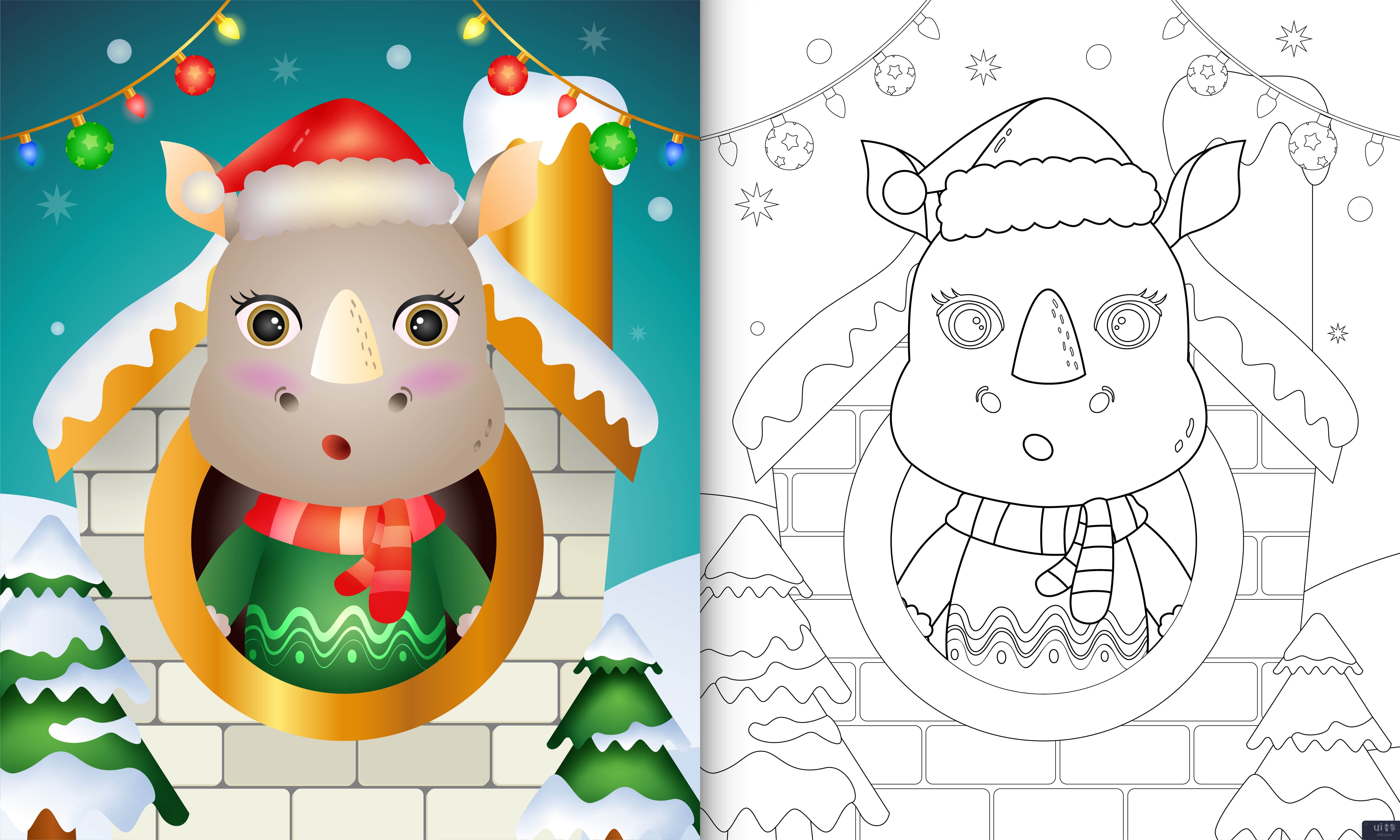 用圣诞帽和围巾为可爱的犀牛圣诞人物着色书(coloring book with a cute rhino christmas characters using santa hat and scarf)插图2