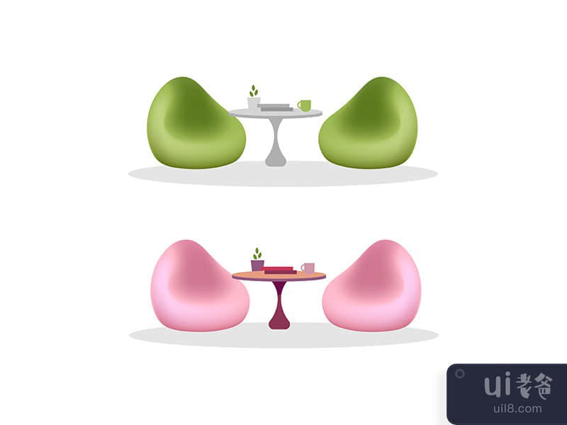 Bean bag chair and tables flat color vector objects set