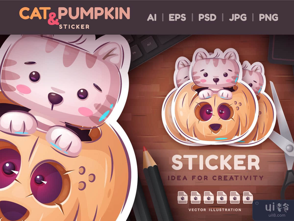 Childish Cartoon Character Cat And Pumpkin | Cute Animal Illustration PNG