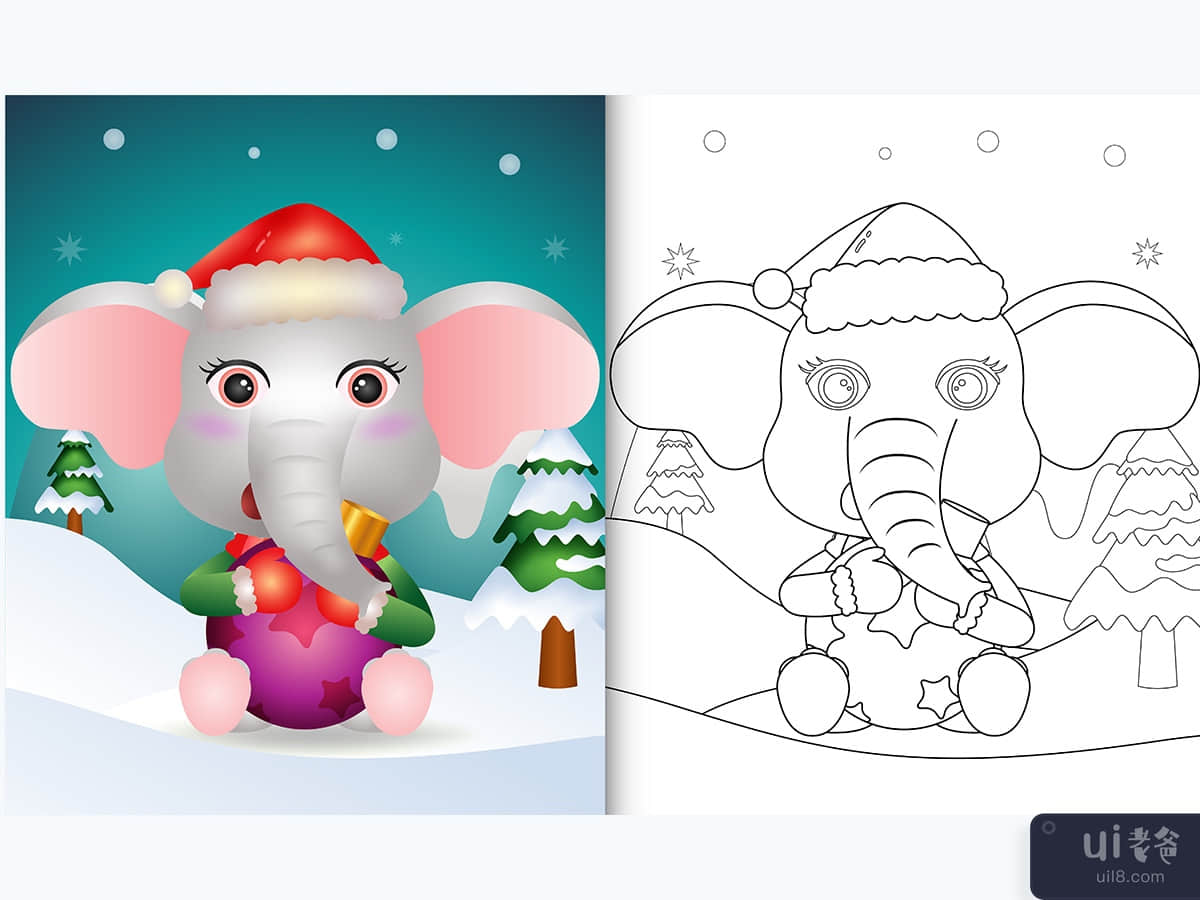 coloring book with a cute elephant hug christmas bal