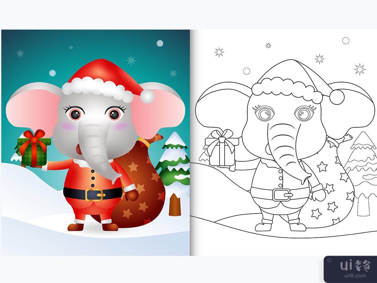 coloring book with a cute elephant using santa clause costume
