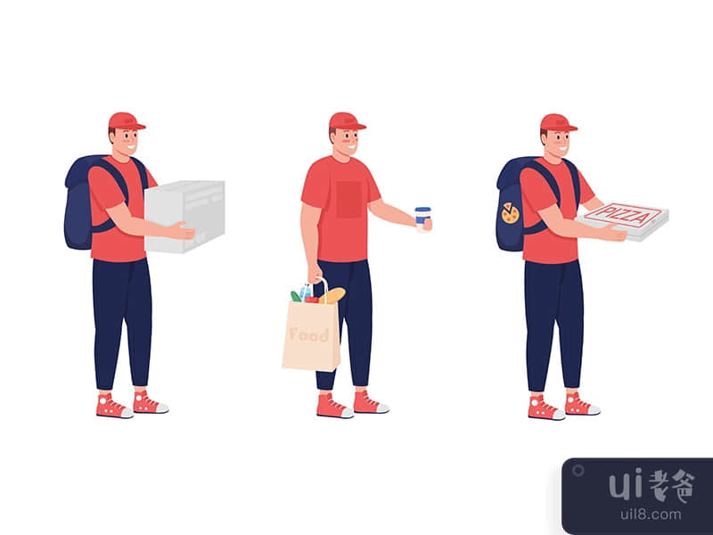 Courier with food semi flat color vector character set