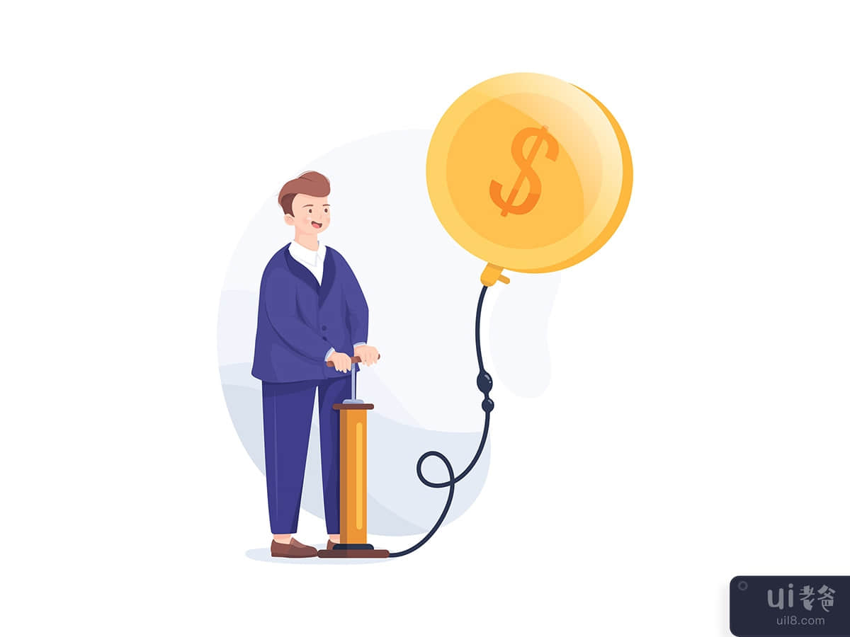 Businessman blowing a balloon in the shape of a gold coin.